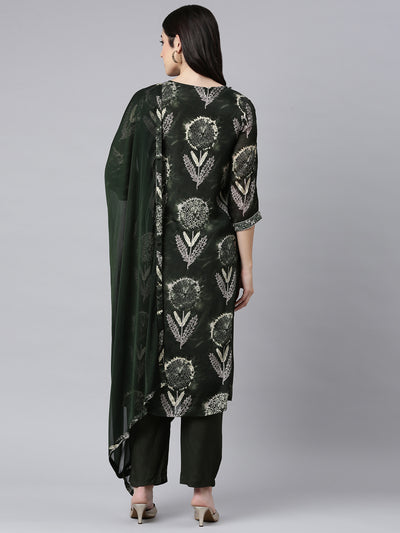 Neerus Olive Regular Straight Floral Kurta And Trousers With Dupatta