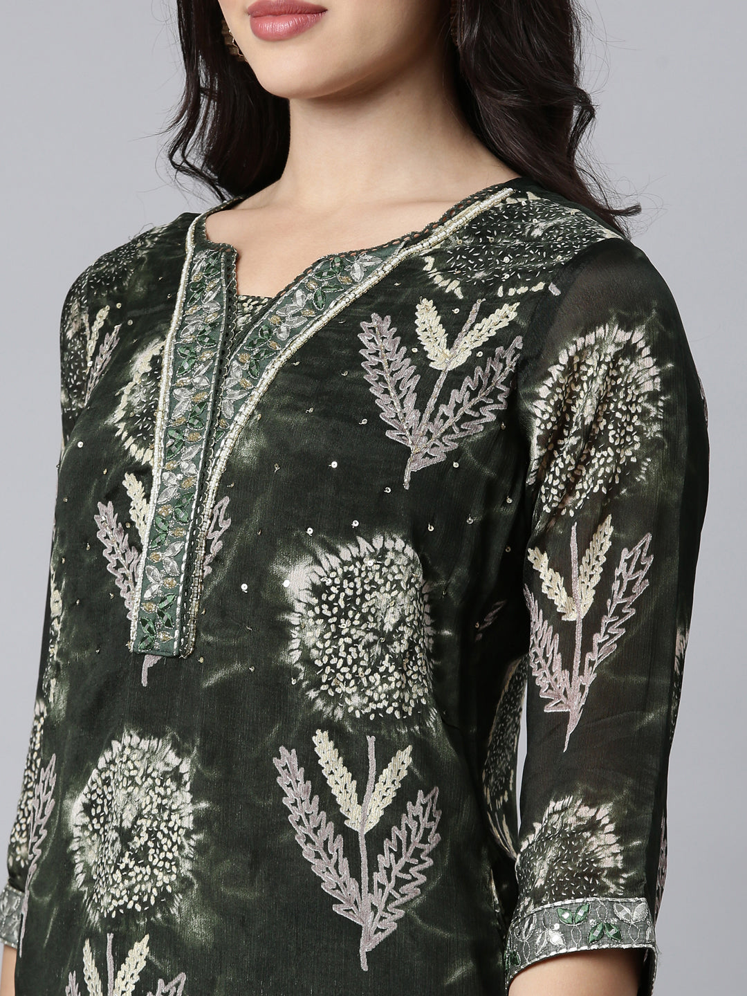 Neerus Olive Regular Straight Floral Kurta And Trousers With Dupatta
