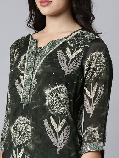 Neerus Olive Regular Straight Floral Kurta And Trousers With Dupatta