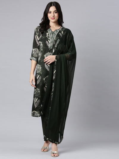 Neerus Olive Regular Straight Floral Kurta And Trousers With Dupatta