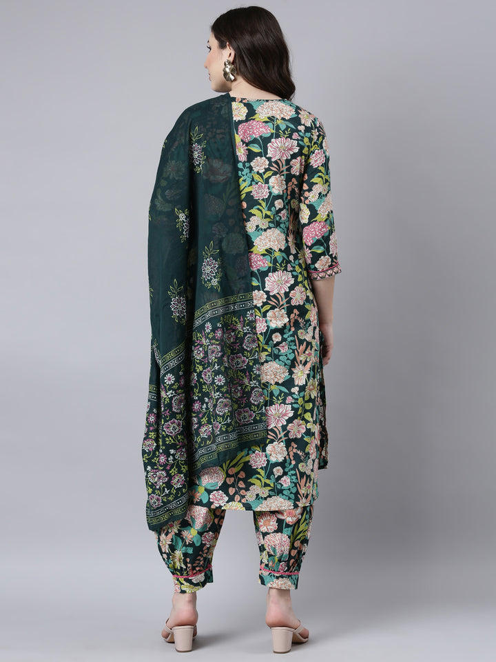 Neerus Green cotton printed suit set - side view