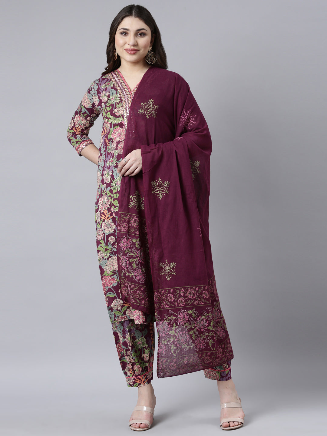 Neerus Purple printed floral straight suit set - front view