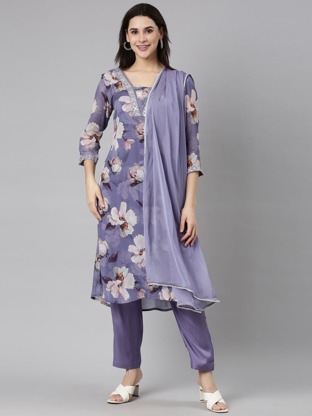 Neerus Purple floral printed straight suit set - front view