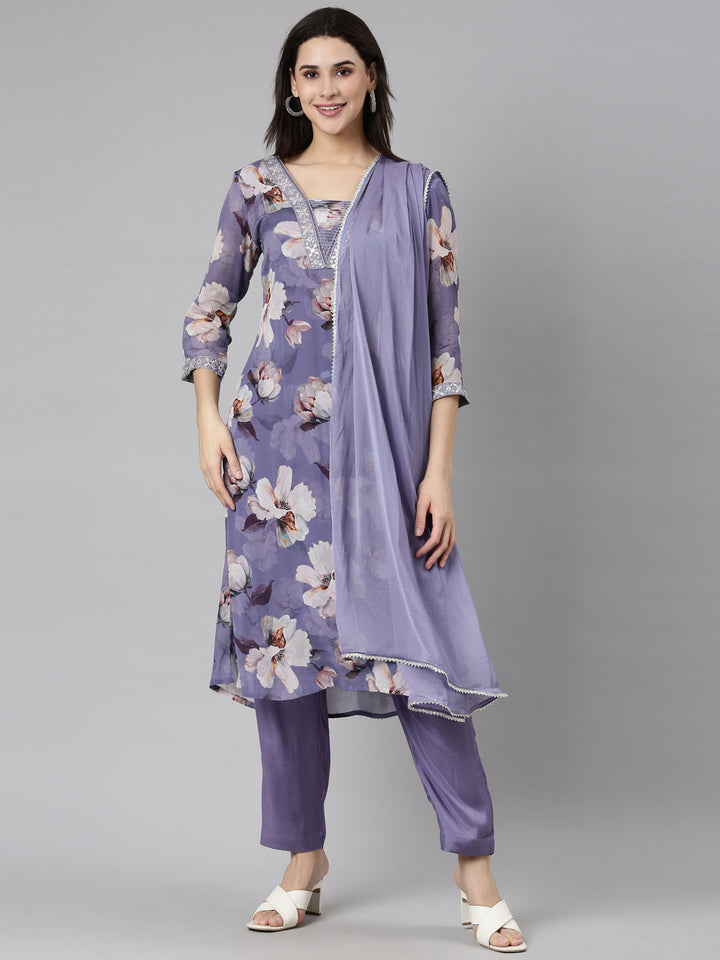 Neerus Purple floral printed straight suit set - front view