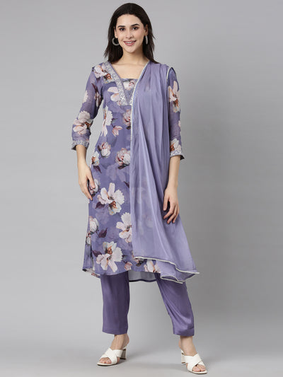 Neerus Lavender Regular Straight Floral Kurta And  Trousers With Dupatta