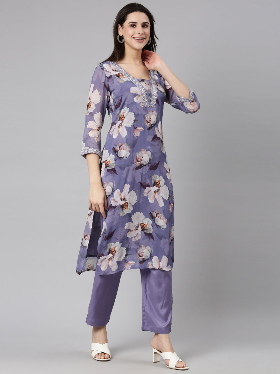 Neerus Purple floral printed straight suit set - back view