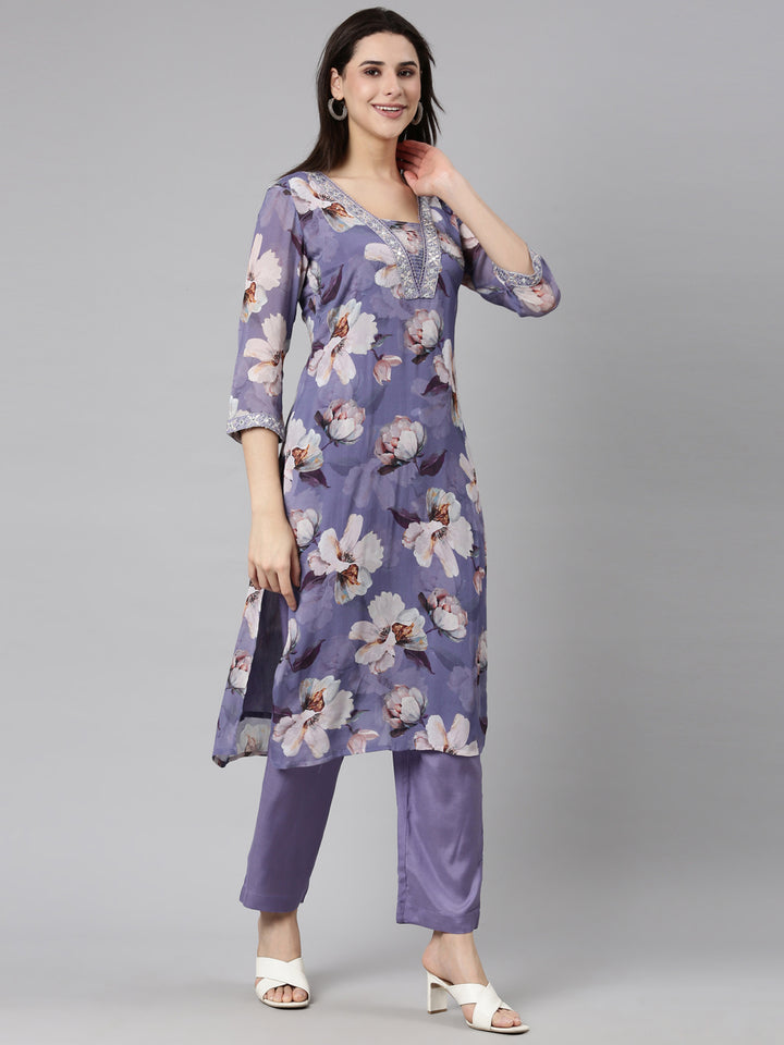 Neerus Purple floral printed straight suit set - back view