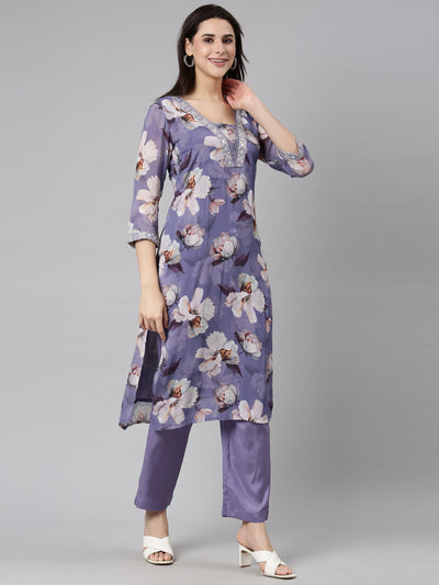 Neerus Lavender Regular Straight Floral Kurta And  Trousers With Dupatta