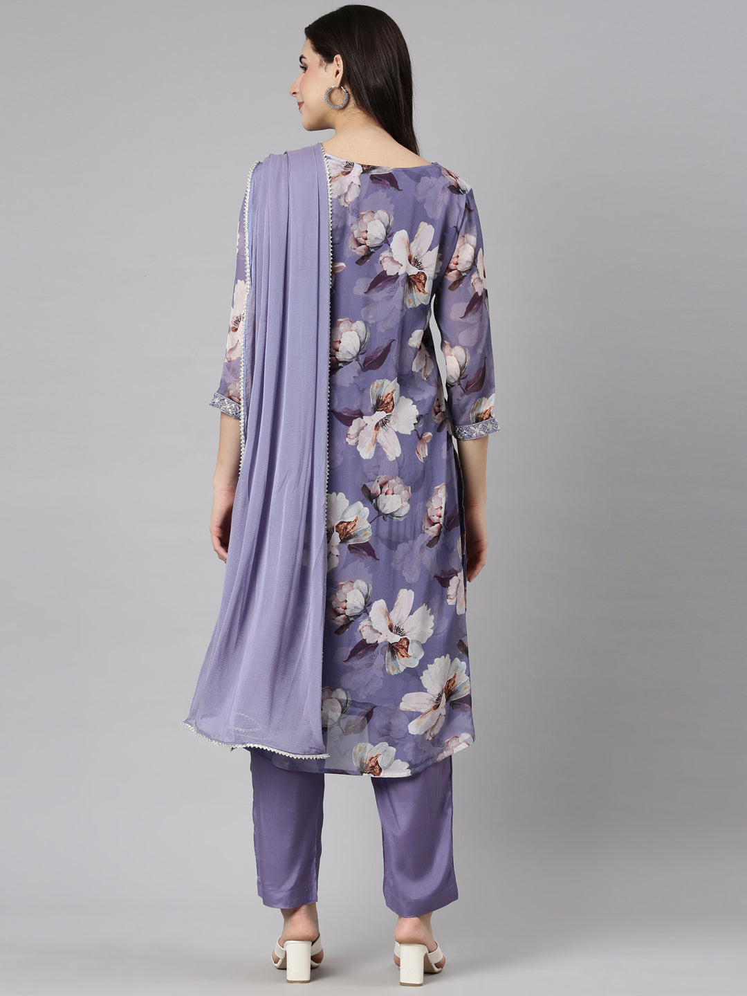 Neerus Purple floral printed straight suit set - side view