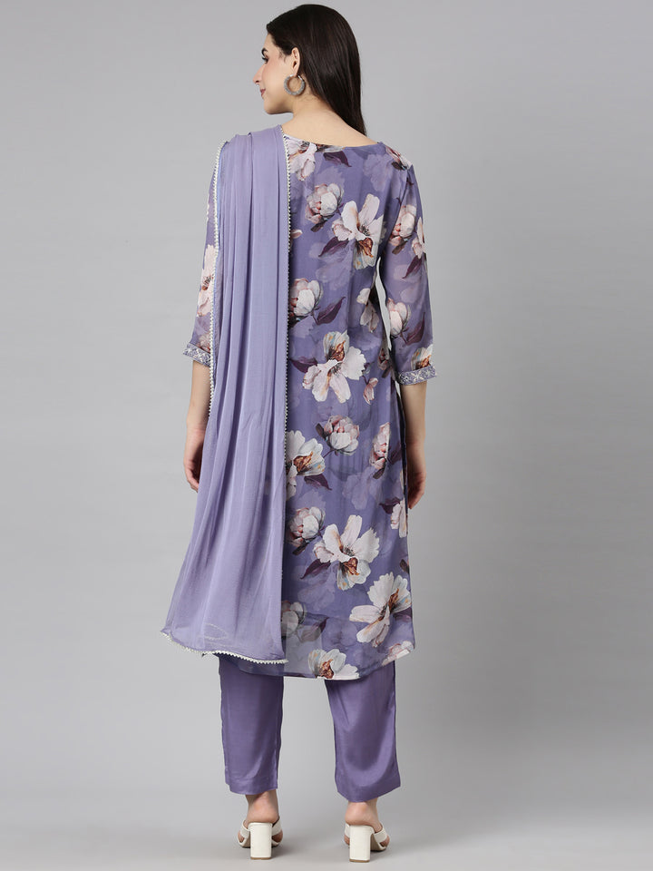 Neerus Purple floral printed straight suit set - side view