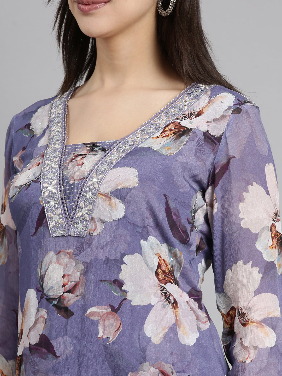 Neerus Purple floral printed straight suit set - detail view 1