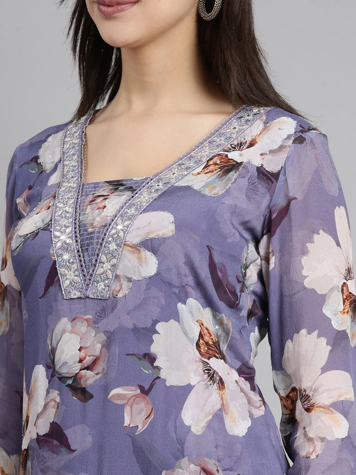 Neerus Purple floral printed straight suit set - detail view 1