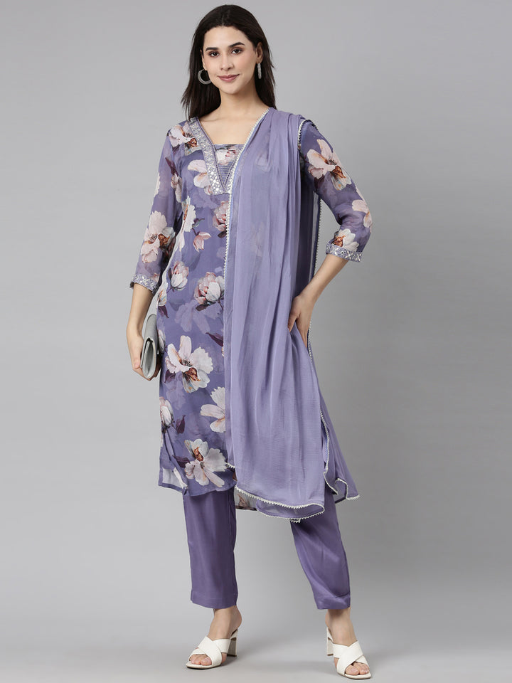 Neerus Purple floral printed straight suit set - detail view 2