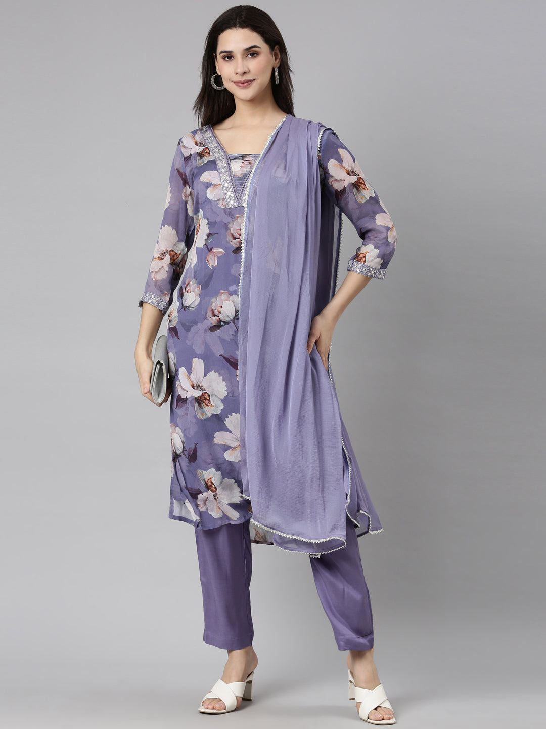 Neerus Lavender Regular Straight Floral Kurta And  Trousers With Dupatta