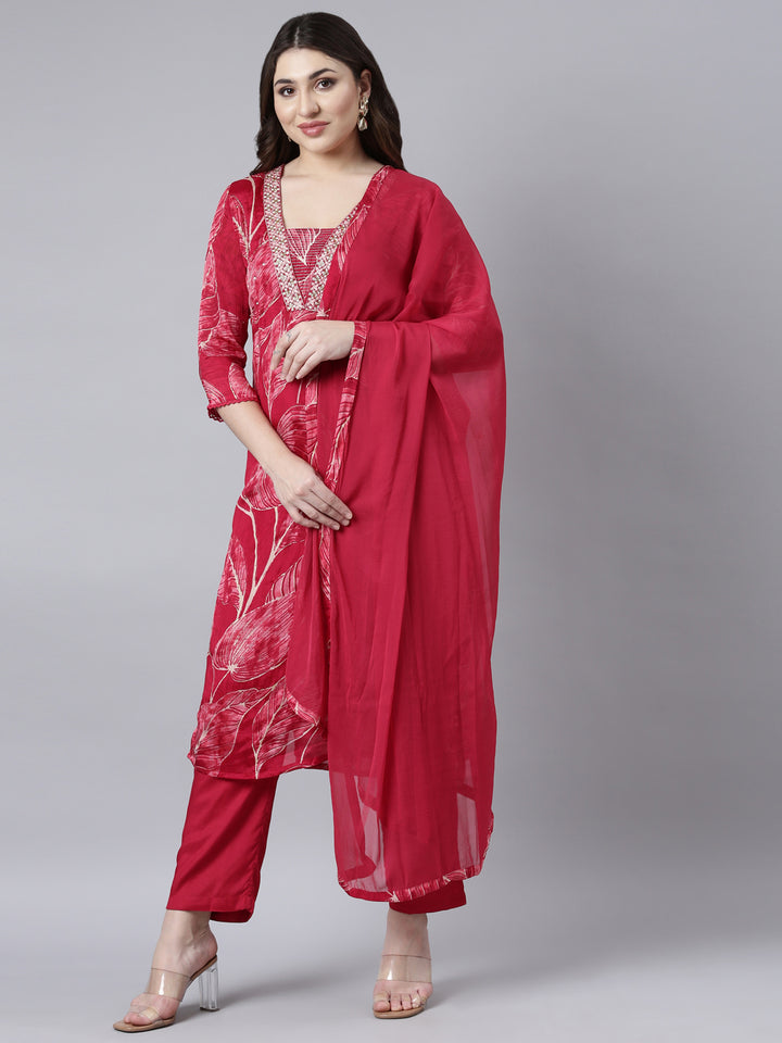 Neerus Pink printed straight suit set - front view