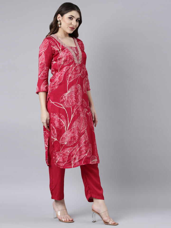 Neerus Pink printed straight suit set - back view