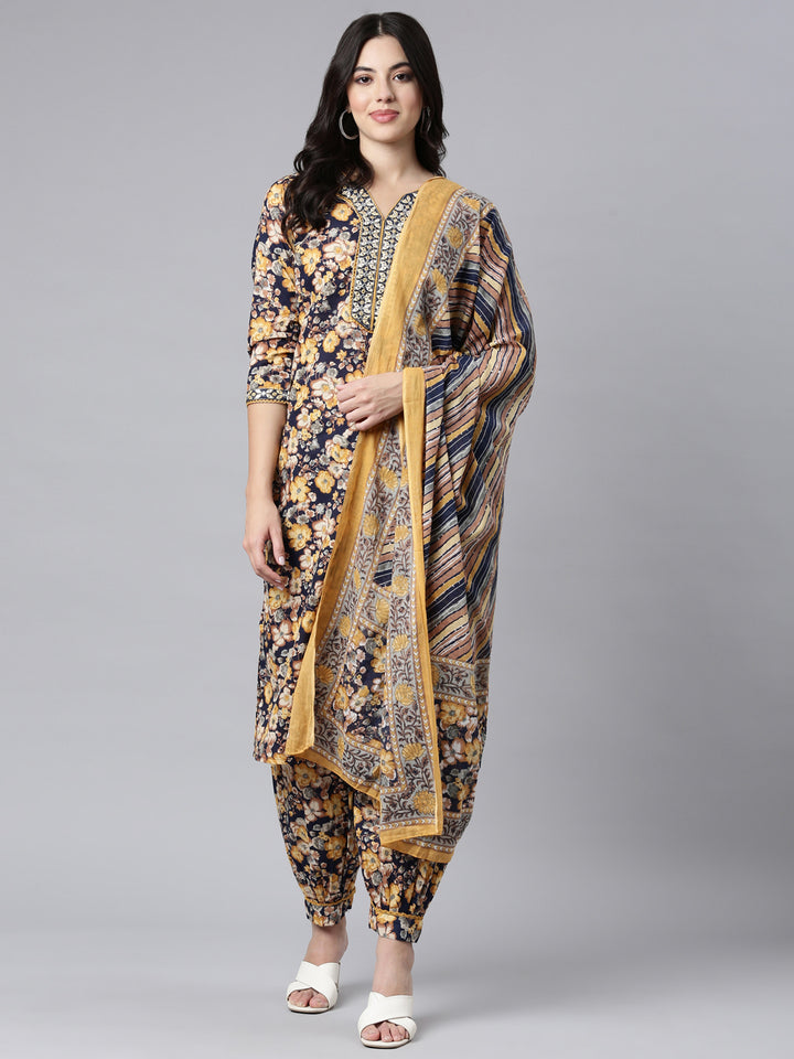 Neerus Navy Blue Regular Straight Floral Kurta And Salwar With Dupatta