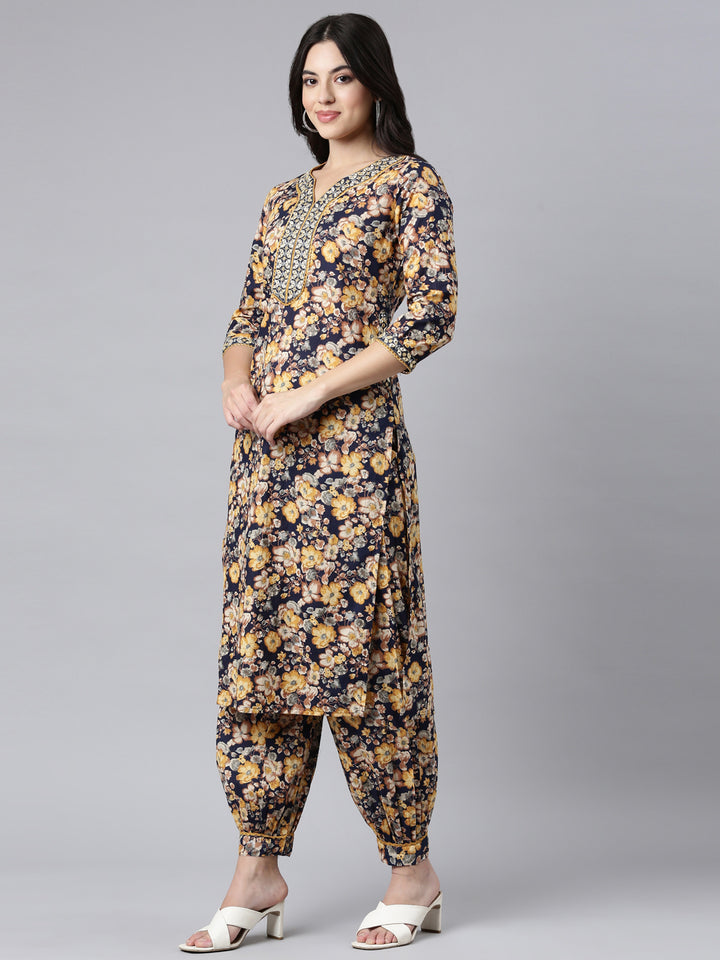 Neerus Navy Blue Regular Straight Floral Kurta And Salwar With Dupatta