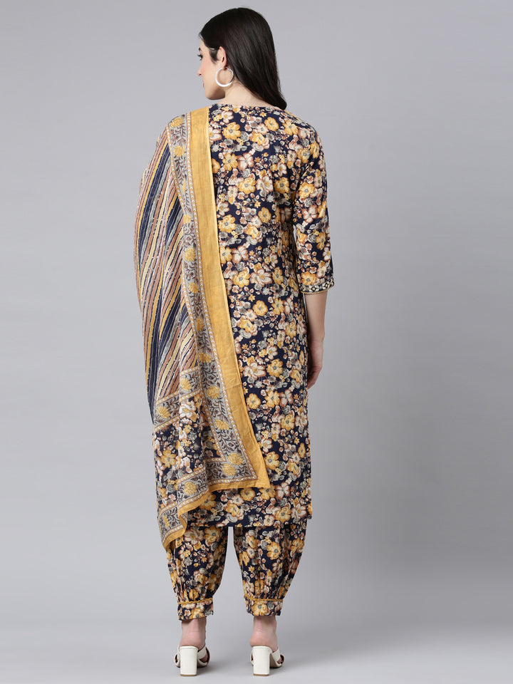 Neerus Navy Blue Regular Straight Floral Kurta And Salwar With Dupatta