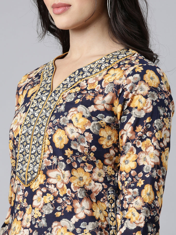 Neerus Navy Blue Regular Straight Floral Kurta And Salwar With Dupatta