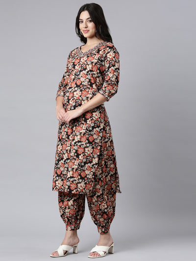 Neerus Black Regular Straight Floral Kurta And Salwar With Dupatta