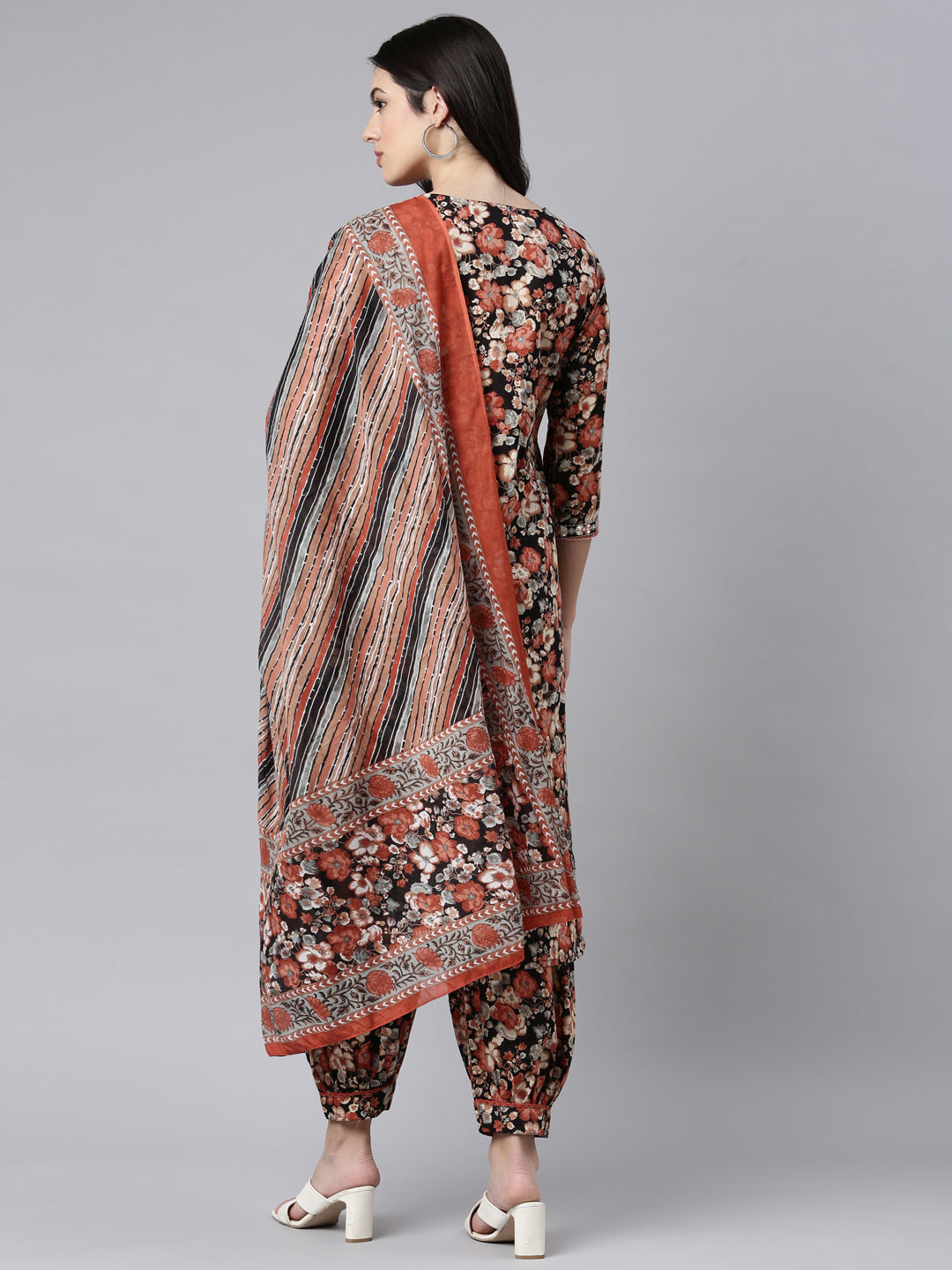 Neerus Black Regular Straight Floral Kurta And Salwar With Dupatta