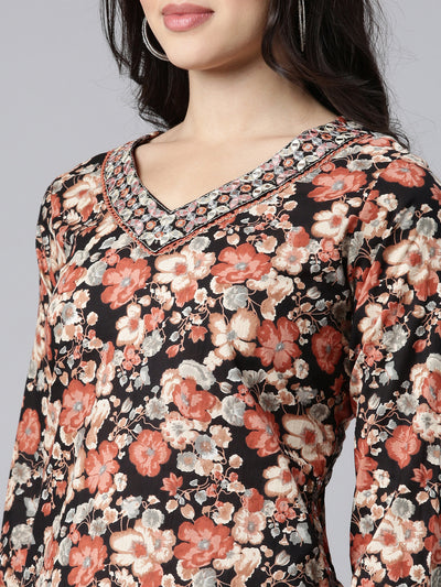 Neerus Black Regular Straight Floral Kurta And Salwar With Dupatta