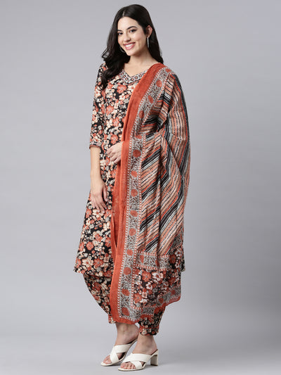 Neerus Black Regular Straight Floral Kurta And Salwar With Dupatta