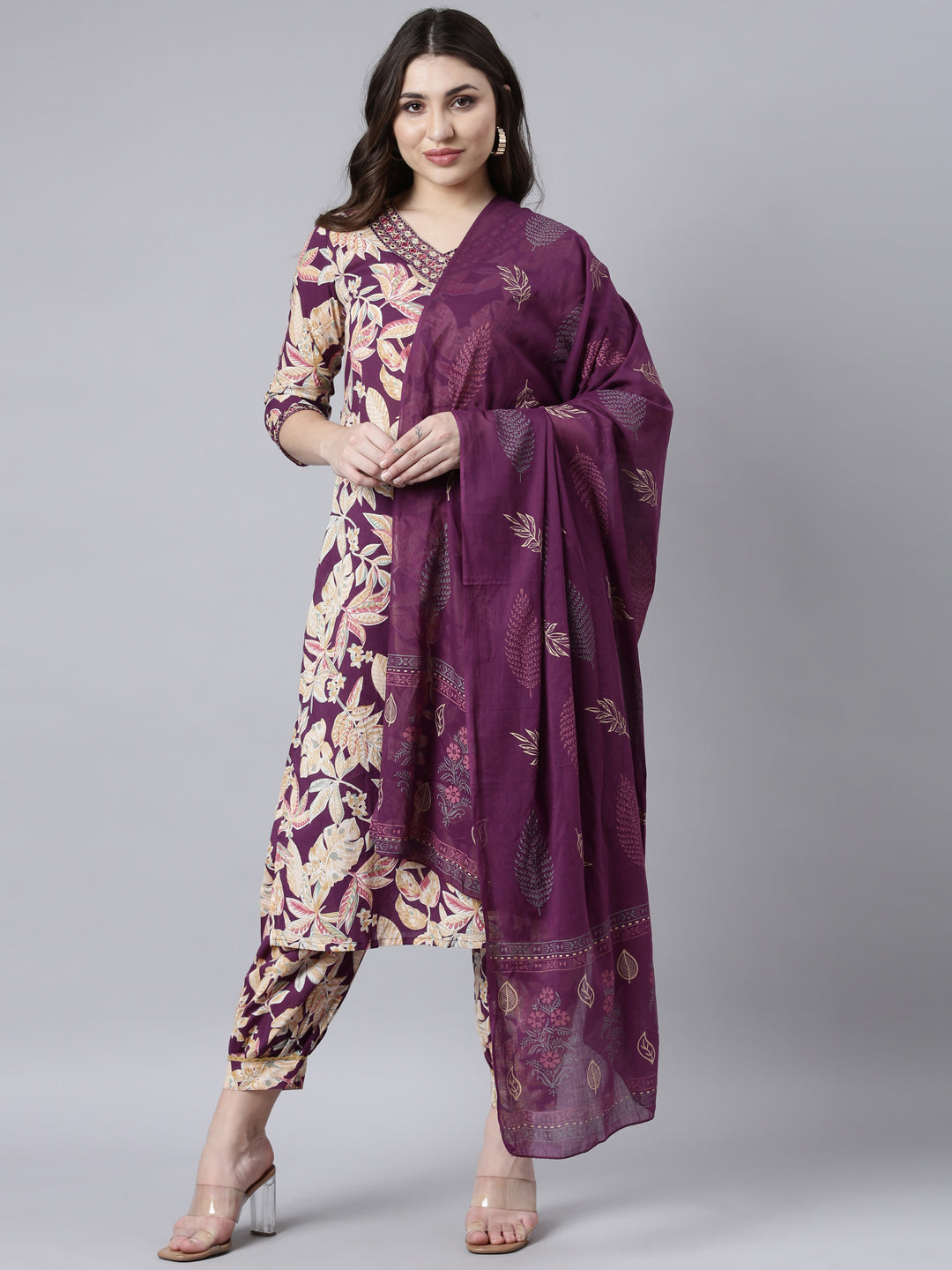 Neerus Purple printed floral straight suit set - front view