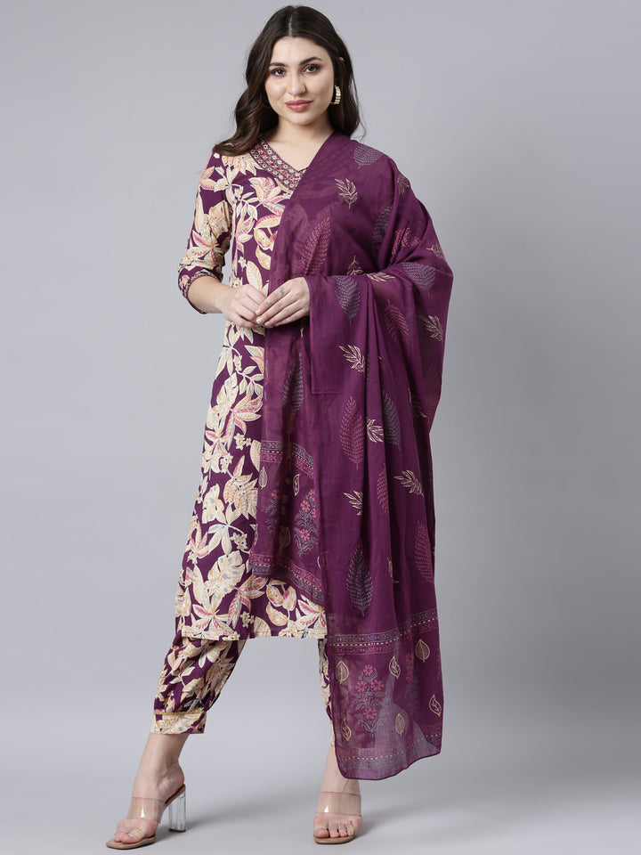 Neerus Purple printed floral straight suit set - front view