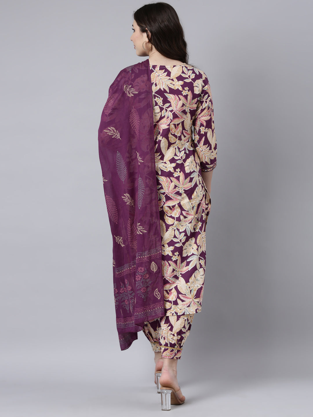Neerus Purple printed floral straight suit set - side view