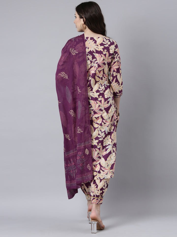 Neerus Purple printed floral straight suit set - side view