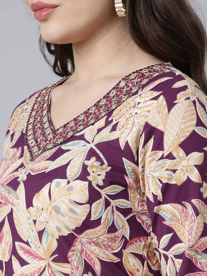 Neerus Purple printed floral straight suit set - detail view 1