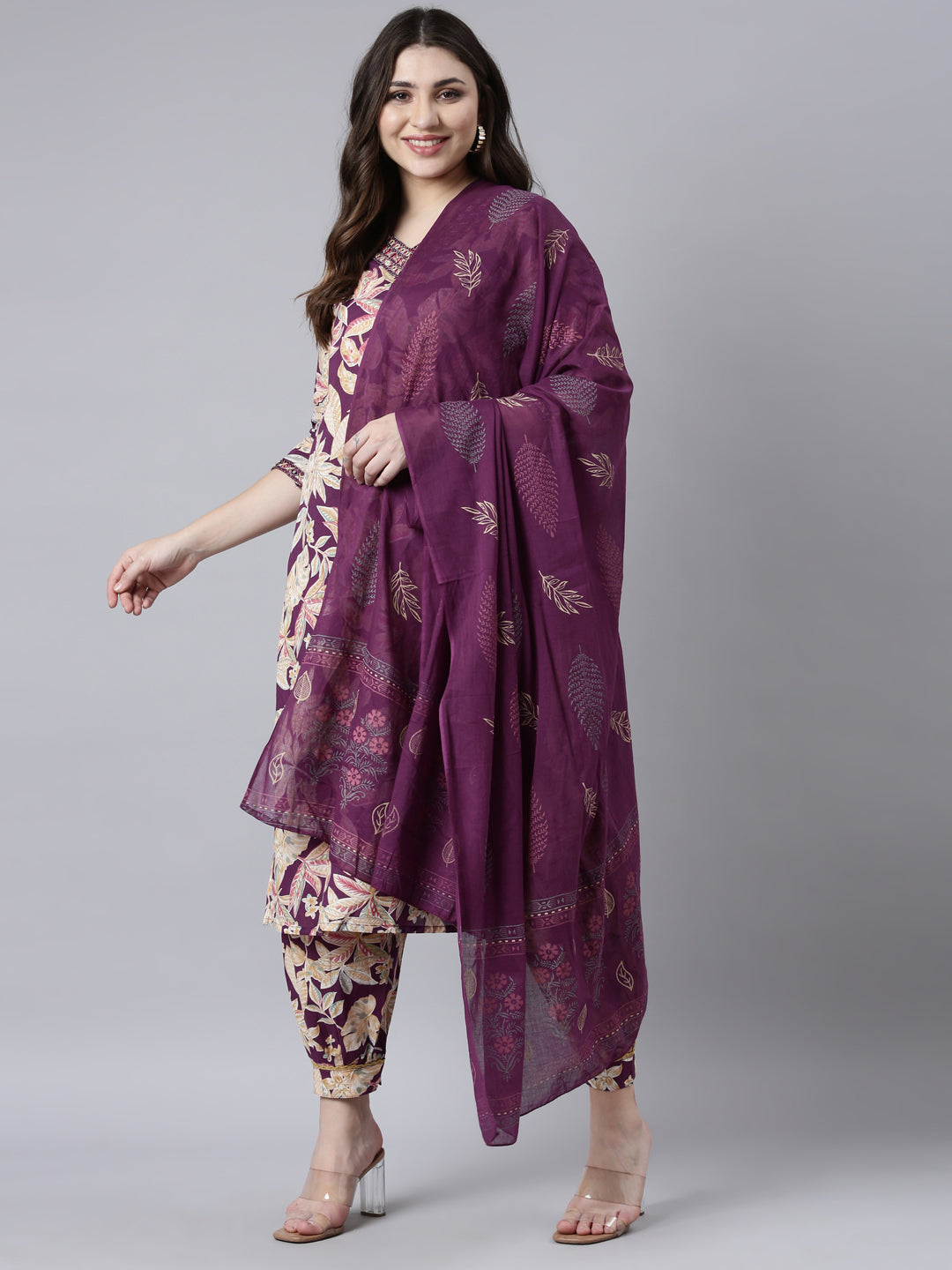 Neerus Purple printed floral straight suit set - back view