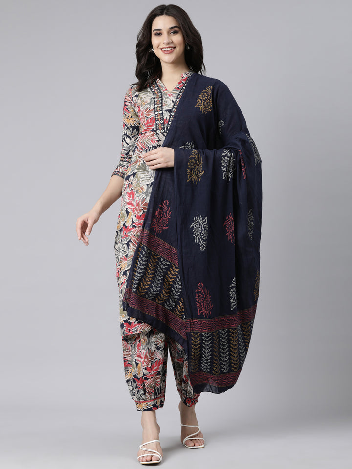 Neerus Blue cotton printed straight suit set - front view