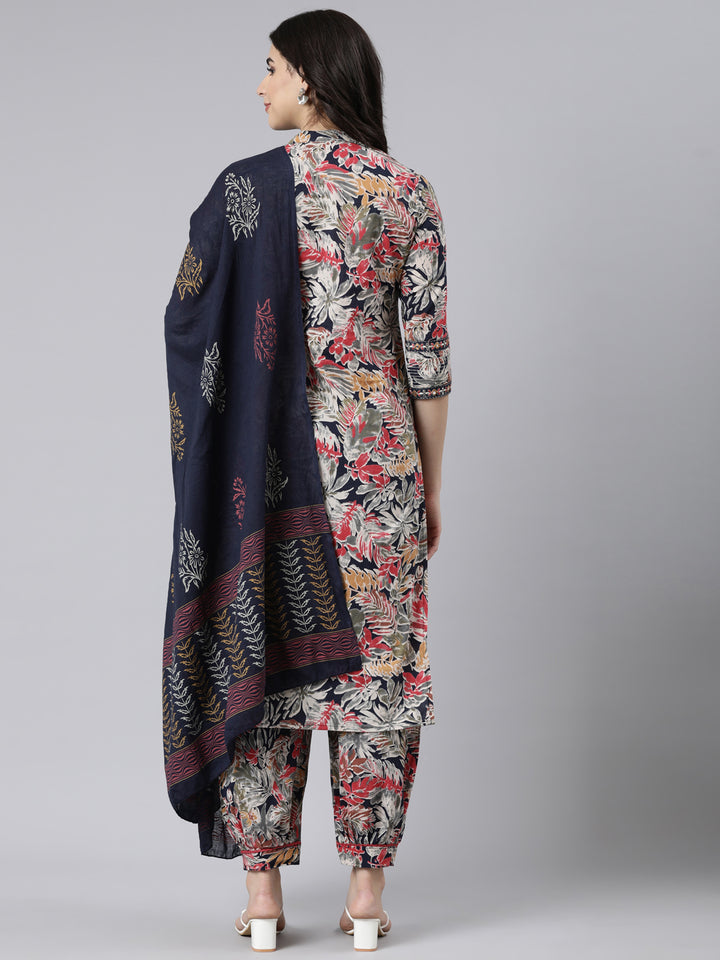 Neerus Blue cotton printed straight suit set - side view