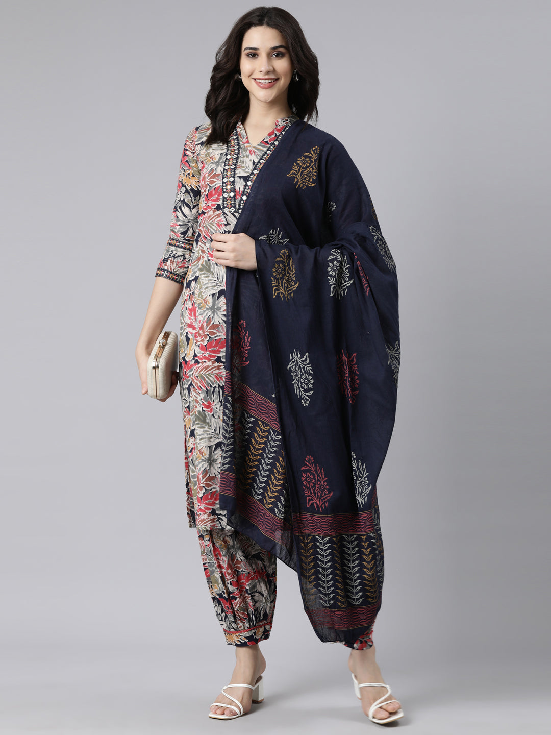 Neerus Blue cotton printed straight suit set - detail view 1