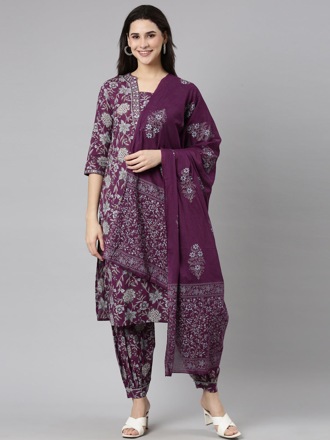 Neerus Purple cotton printed suit set - front view