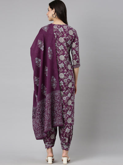 Neerus Purple Regular Straight Floral Kurta And  Salwar With Dupatta