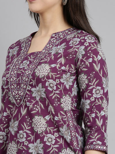 Neerus Purple Regular Straight Floral Kurta And  Salwar With Dupatta