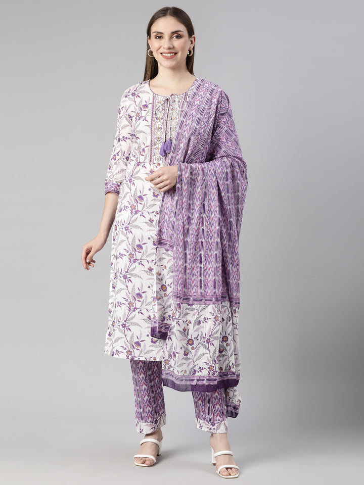 Neerus Lavender Regular Straight Floral Kurta And  Trousers With Dupatta