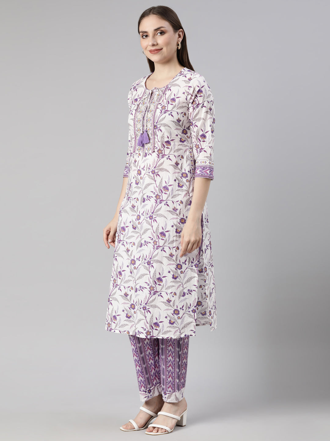 Neerus Lavender Regular Straight Floral Kurta And  Trousers With Dupatta