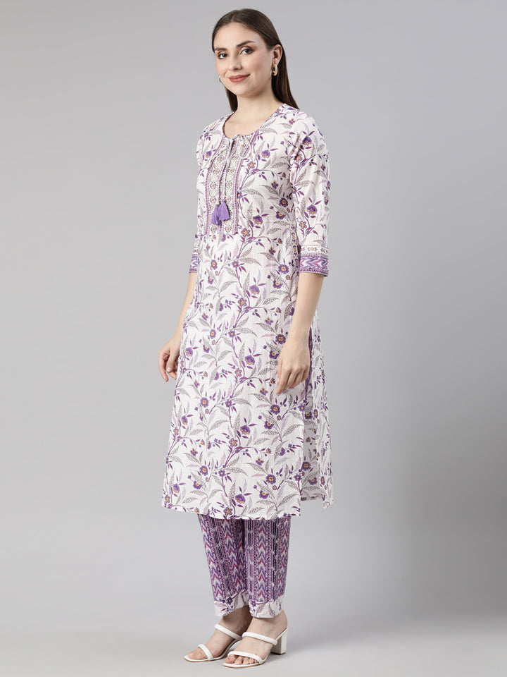 Neerus Lavender Regular Straight Floral Kurta And  Trousers With Dupatta