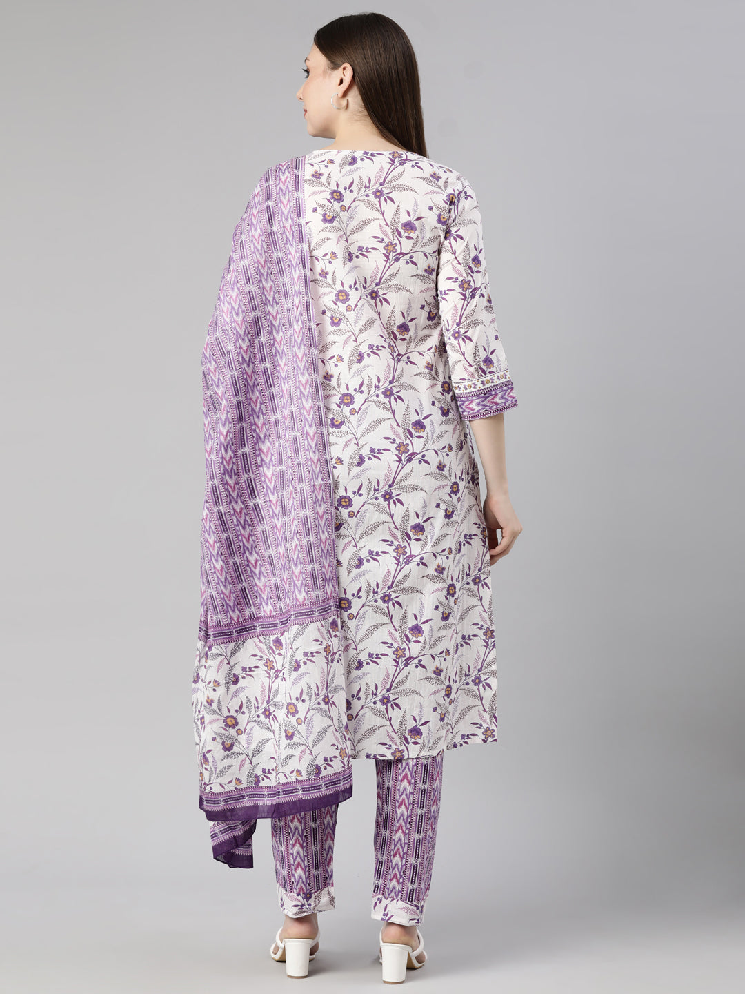 Neerus Lavender Regular Straight Floral Kurta And  Trousers With Dupatta