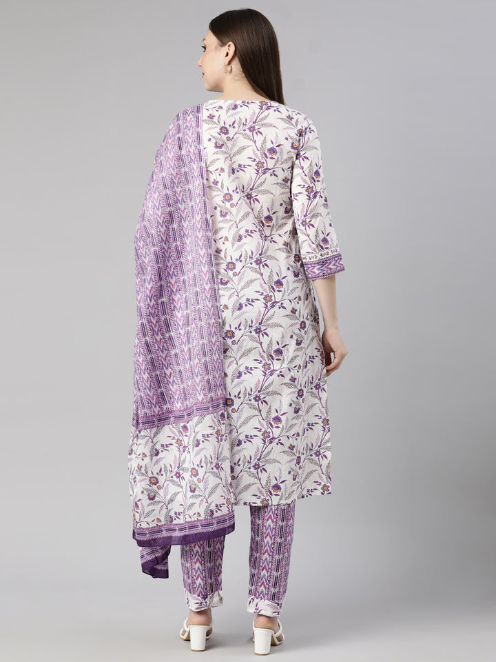 Neerus Lavender Regular Straight Floral Kurta And  Trousers With Dupatta
