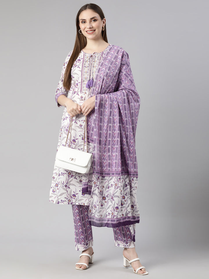 Neerus Lavender Regular Straight Floral Kurta And  Trousers With Dupatta