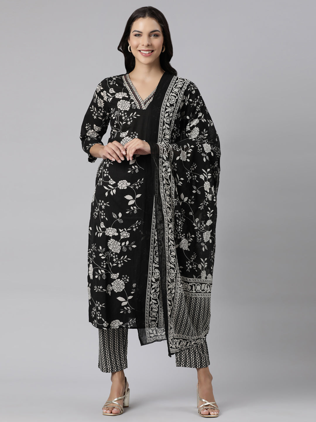 Neerus Black printed straight suit set panelled kurta with dupatta - front view