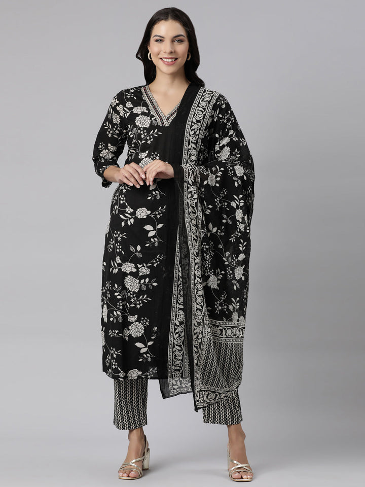 Neerus Black printed straight suit set panelled kurta with dupatta - front view
