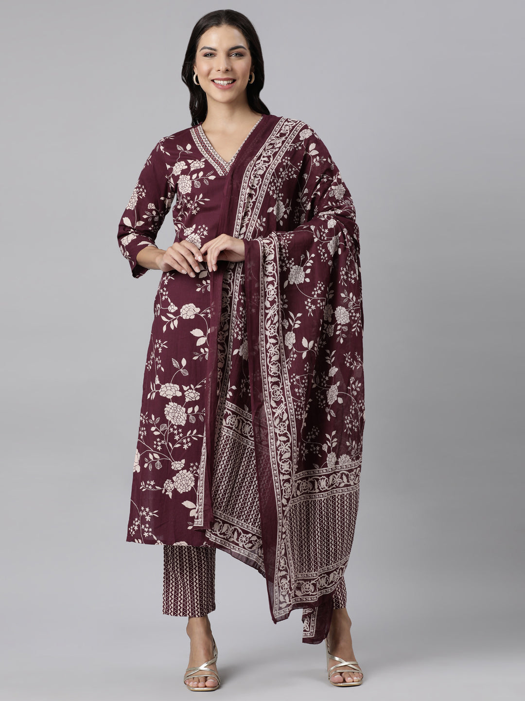 Neerus Purple Panelled Straight Printed Kurta And Trousers With Dupatta