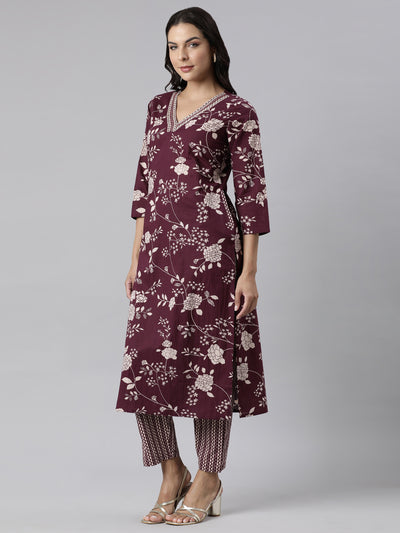 Neerus Purple Panelled Straight Printed Kurta And Trousers With Dupatta